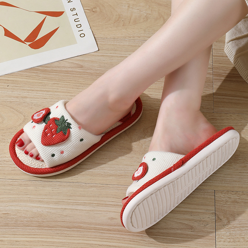 Spring and Autumn strawberry soft bottom home indoor slippers sweet girl heart flat Breathable linen cute slippers