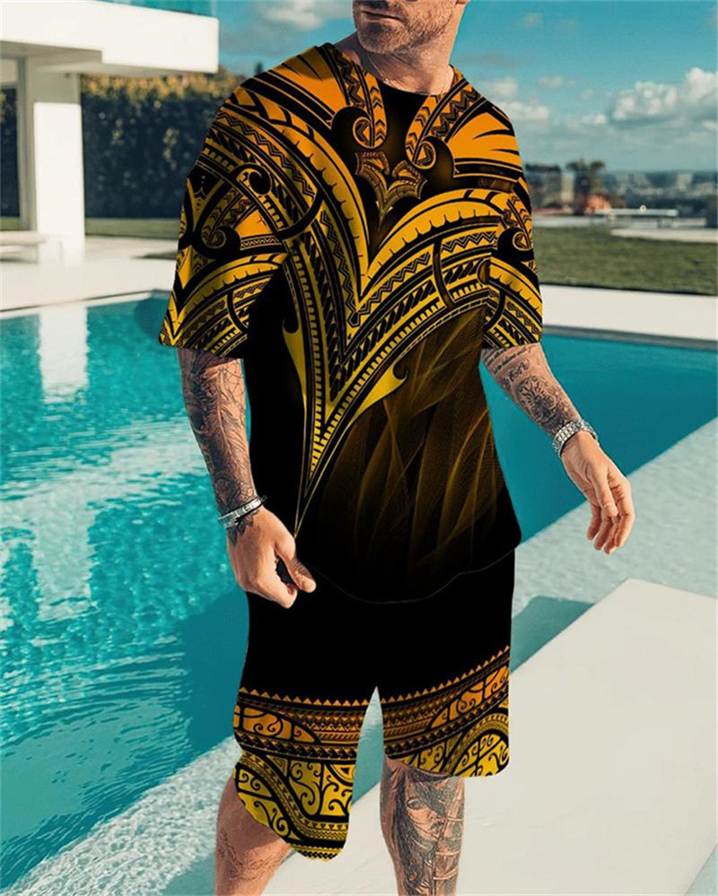 2023 AliExpress summer European and American 3D men's suit digital printing short sleeve shorts fashion sports two-piece set