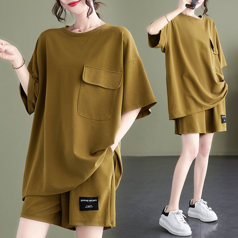 Short Sleeve suit women's fashion plus size casual chubby girl European style pocket design slimming shorts two-piece set for women