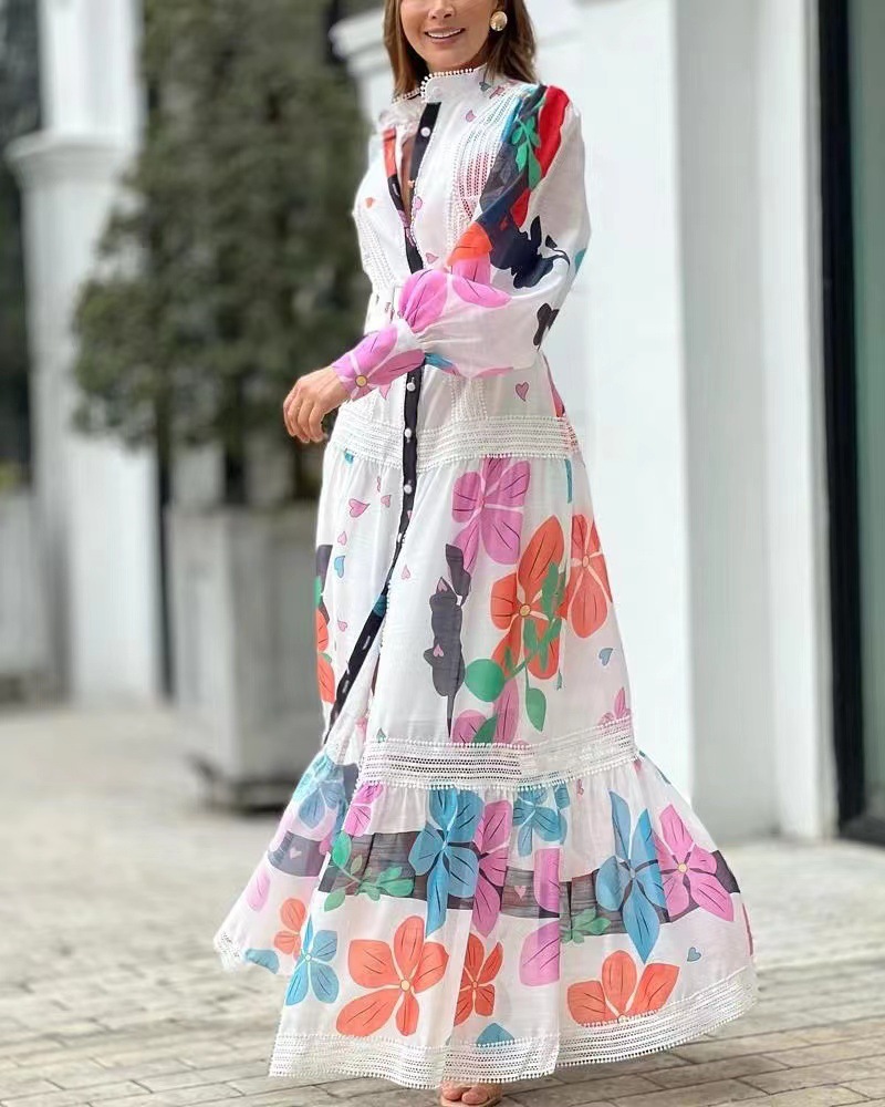 2023 Europe and the United States cross-border spring and summer new independent station AliExpress fashion printed lace stitching long dress
