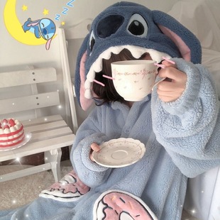 Женская зимняя Пижама с героями мультфильмов Stitch, длинная ночная рубашка из кораллового флиса, домашняя одежда, Мужская Утепленная на флисовой подкладке
