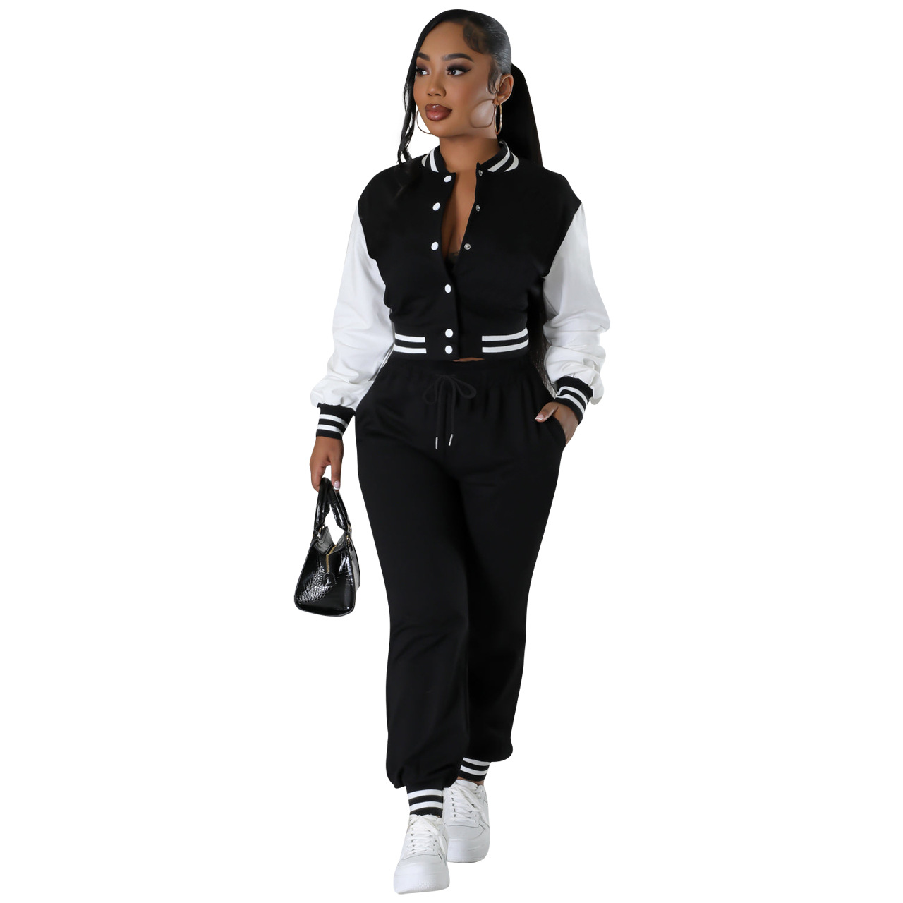 F6001 European and American Cross-border Women's Clothing Amazon New Fashion Baseball Suit suit Splicing Single-breasted Two-piece Set