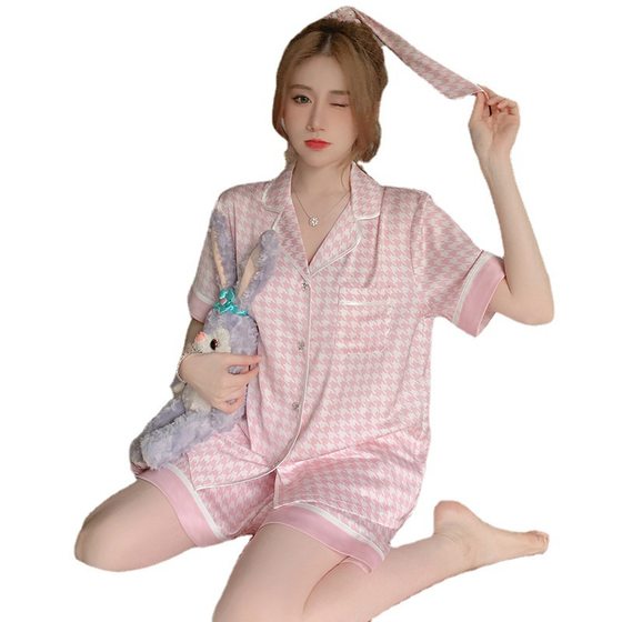 Cross-border Korean ins houndstooth ice silk pajamas women's new casual home clothes short sleeve shorts two-piece wholesale