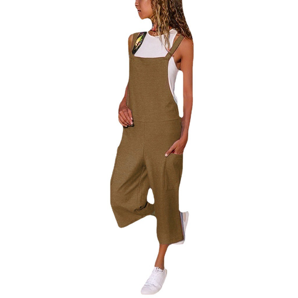 Amazon 2022 Spring and Summer New Color Cotton and Linen Casual Loose Long Wide Leg Jumpsuit Suspenders Women's Pants