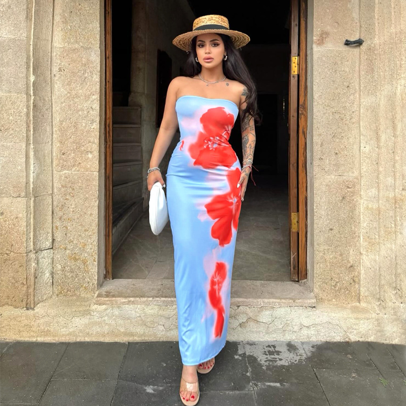 D24DS121 European and American Women's Cross-border Summer New Strapless Flower Printed Slim-fit High Waist Split Long Dress