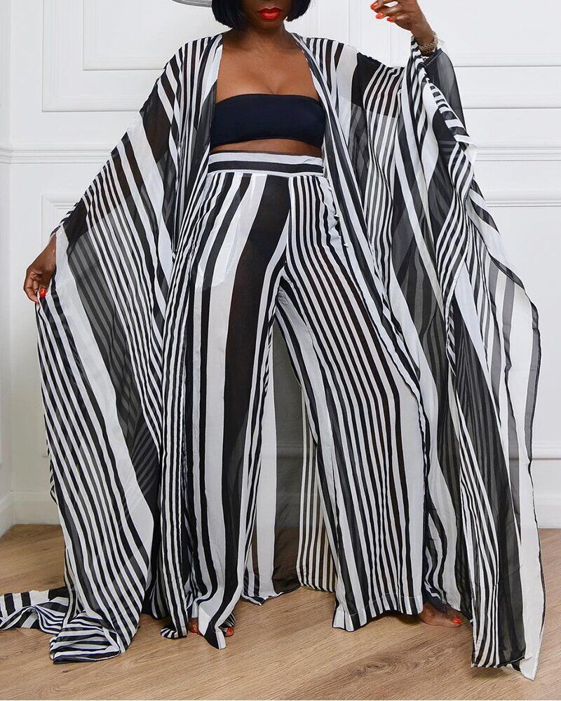 Trendy New striped suit loose plus size sense long sleeve printed temperament urban leisure stitching fashion suit