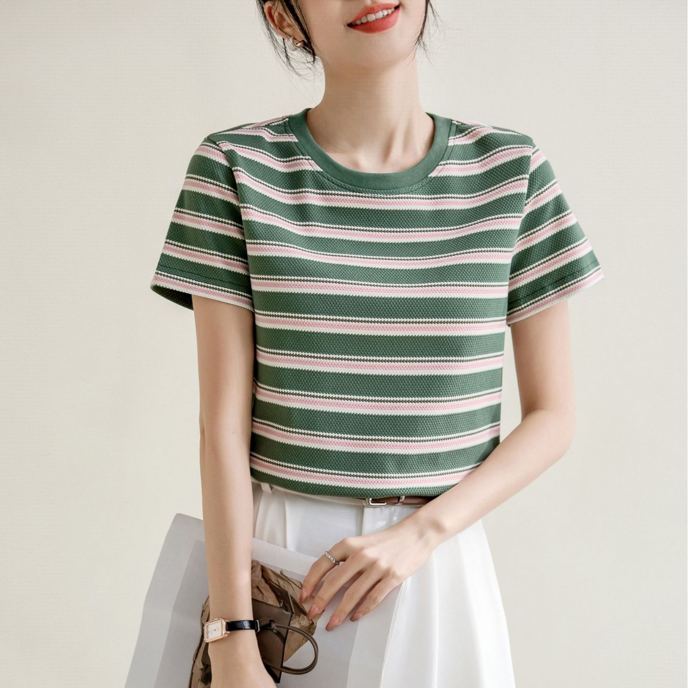 niche round neck texture short-sleeved T-shirt for women 2024 spring and summer new shoulder slim striped pullover top