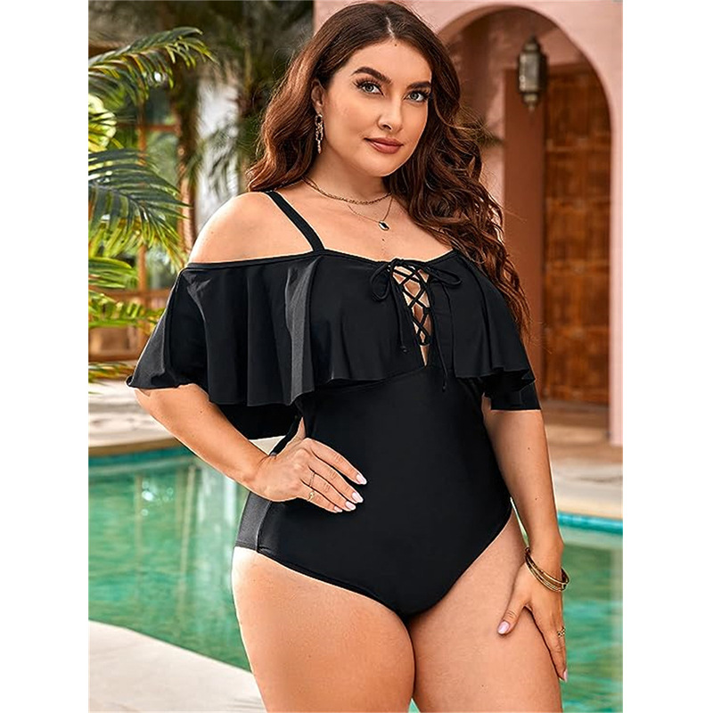 Europe, America and Canada plus size Russia conjoined tether ruffled classic black swimsuit Amazon cross-border women's swimsuit