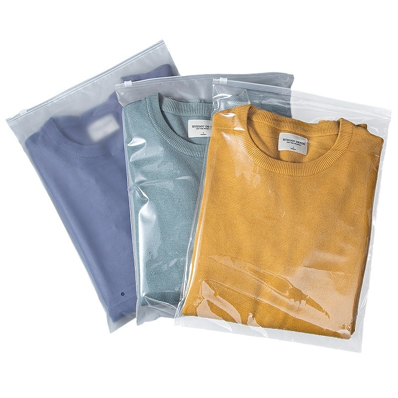 in stock transparent frosted pe zipper bag logo clip chain sealed pocket clothing plastic storage packaging bag wholesale