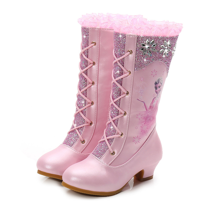 Children's High Heel Boots 2021 Autumn and Winter Girls Princess Elsa Boots Little Girls Fleece Cotton Boots Baby Leather Boots