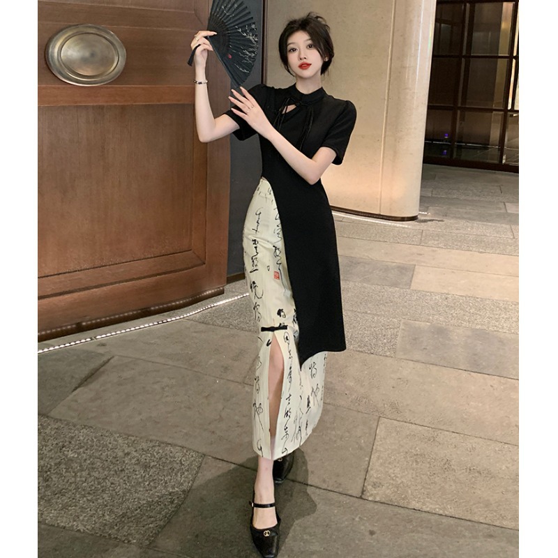 New Chinese Style National Style Retro High-grade Irregular Calligraphy Skirt Fashion Cheongsam Two-piece Suit Skirt Women's Summer