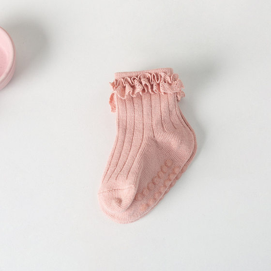 Amazon Children's Non-slip Spring and Autumn Cotton Socks Infants 0-6 Months Girls Solid Color Lace Socks Baby Floor Socks