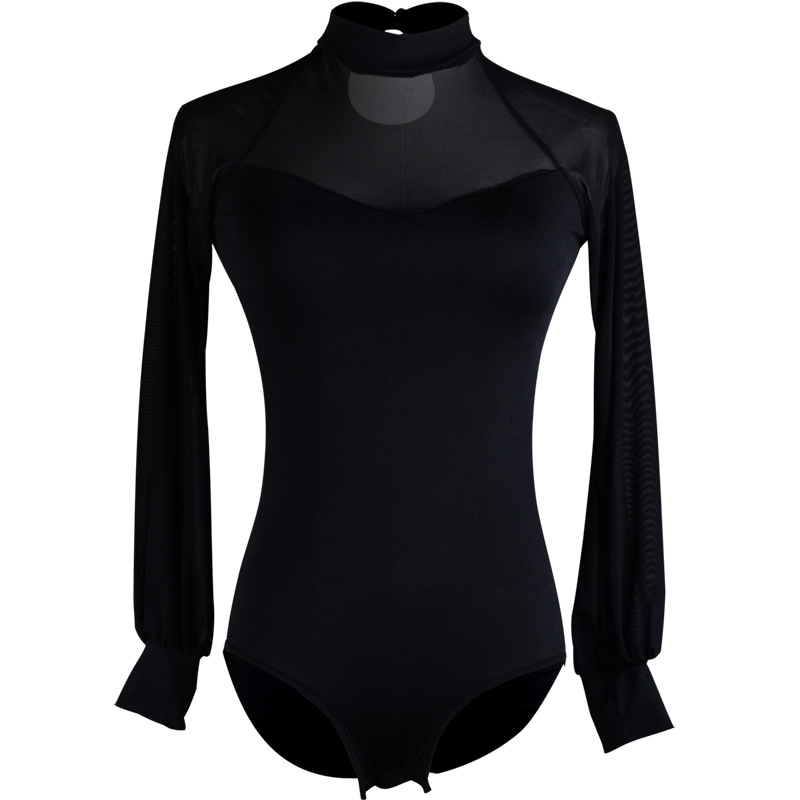 Modern dance gauze Princess Bubble lantern long sleeve black shirt New Latin dance adult women's body suit