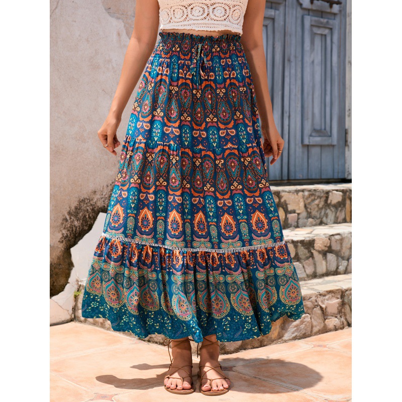 Foreign Trade Women's Ethnic Style Printed Skirt Bohemian Beach Skirt Women's Hollow Lace Stitching Large Swing Long Skirt