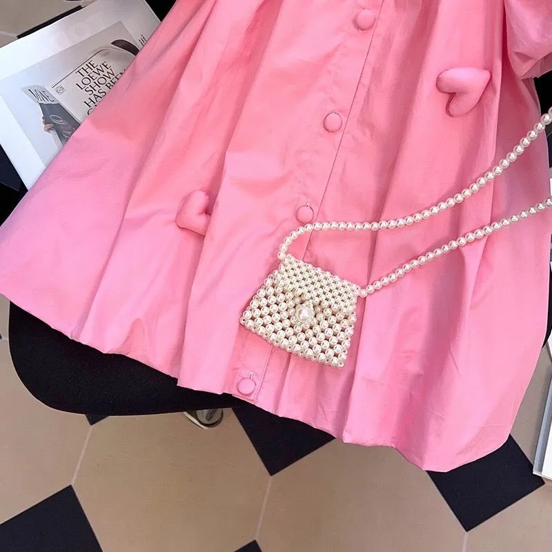 Girls shirt dress summer foreign style 2024 new Mori doll collar love short sleeve puff sleeve skirt