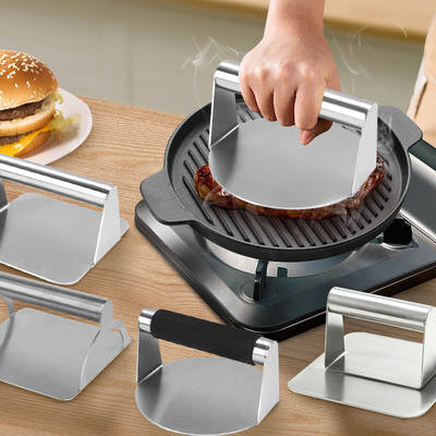 Stainless Steel Round Hamburger Meat Presser Mold Wooden Handle Square Meat Cake Presser Silicone Meat Presser Cast Iron Pancake Plate Presser