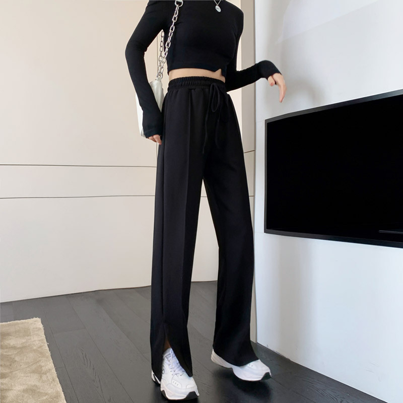 Black Side Slit Pants Women's Spring and Autumn Draping High Waist Slim Look Women's Loose Wide Leg Straight Trousers