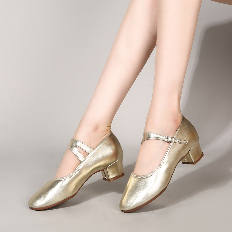 Women's 2025 New Summer Square Dance Shoes Soft Leather Dance Shoes Women's Genuine Leather Soft Sole Dance Shoes silver Dance Shoes