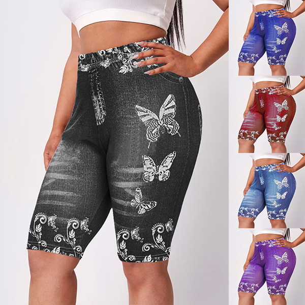 Spot European and American AliExpress explosion female printed denim butterfly sports leggings hip yoga pants factory direct sales