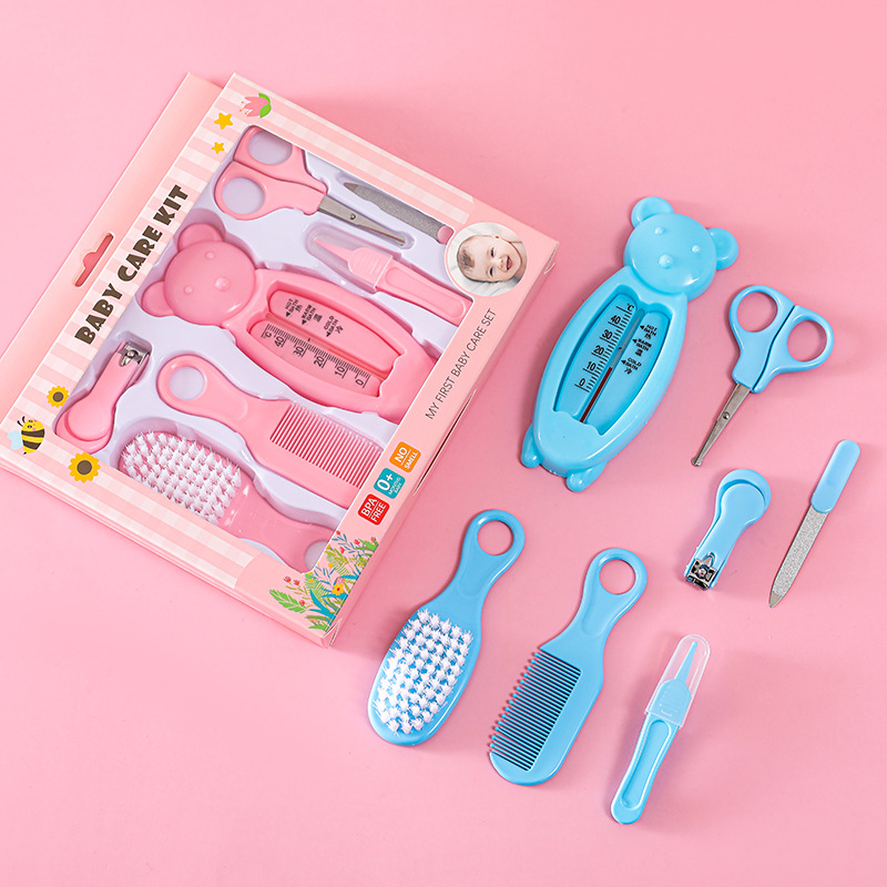 English packaging baby care 7 piece set baby water thermometer combination suit baby safety nail clippers comb brush
