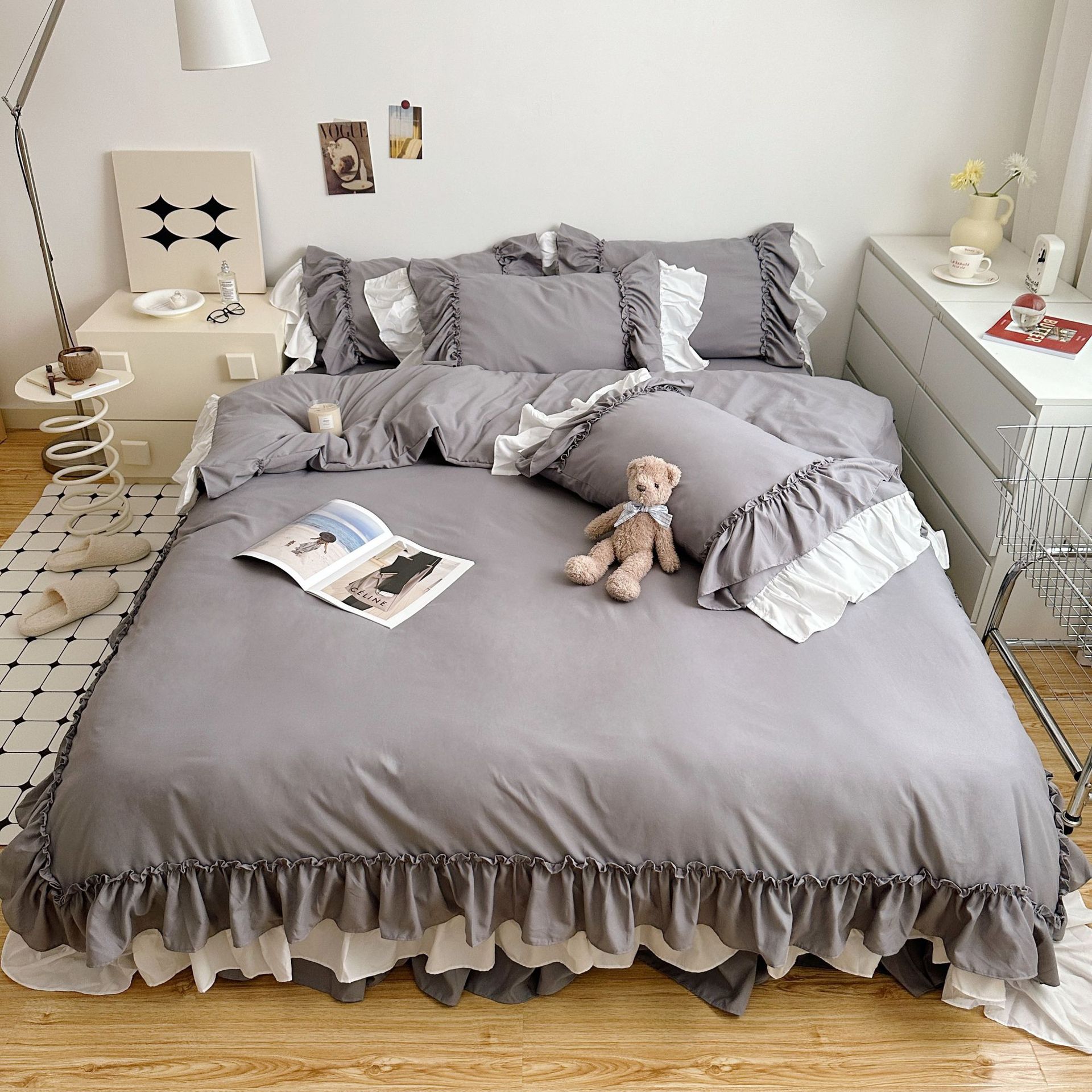 Cross-border Japanese size cross-border exclusive for Korean princess style unilateral flounces bed skirt wash cotton four-piece set