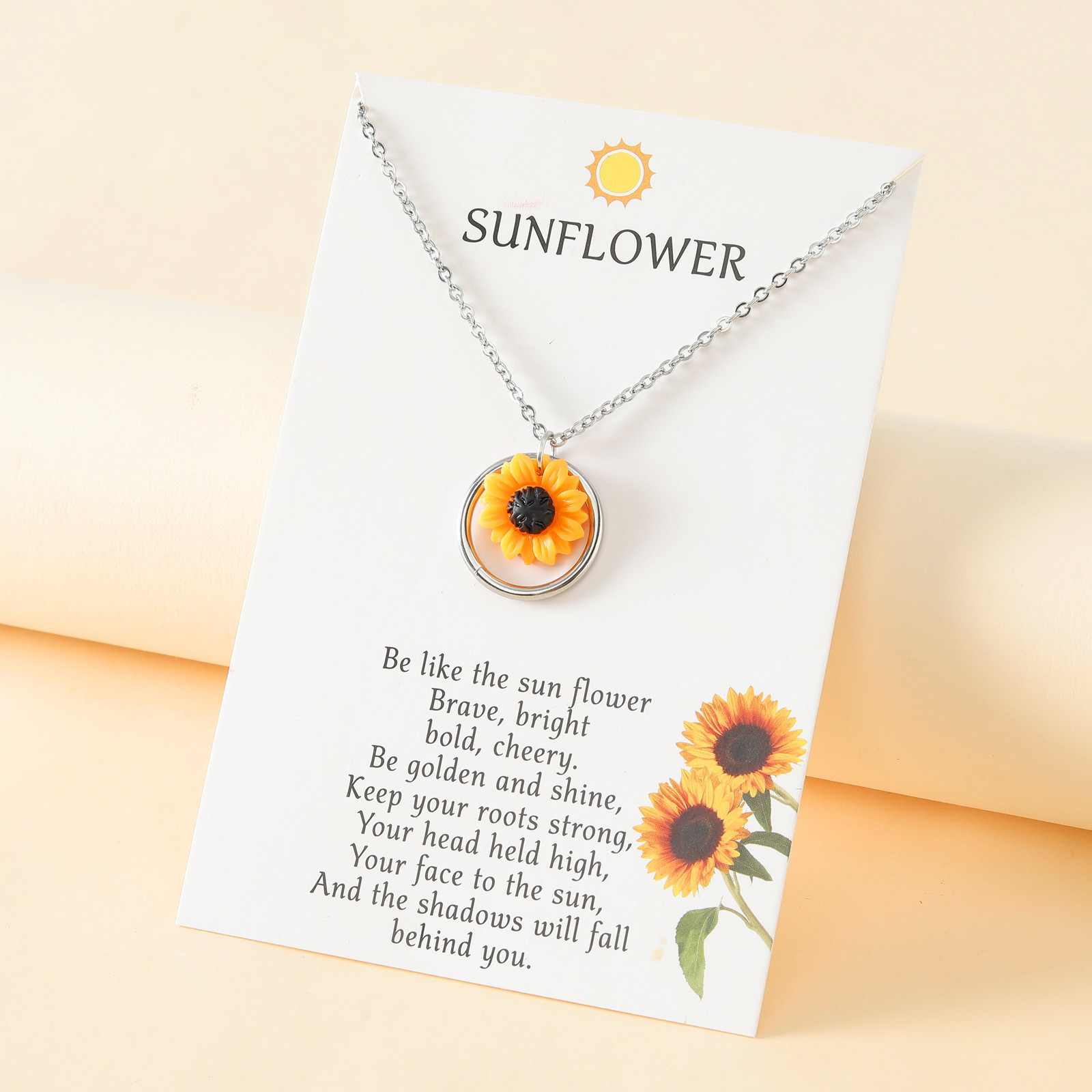 Cross-border new sunflower small fresh clavicle chain European and American personality stainless steel ring sunflower pendant necklace women