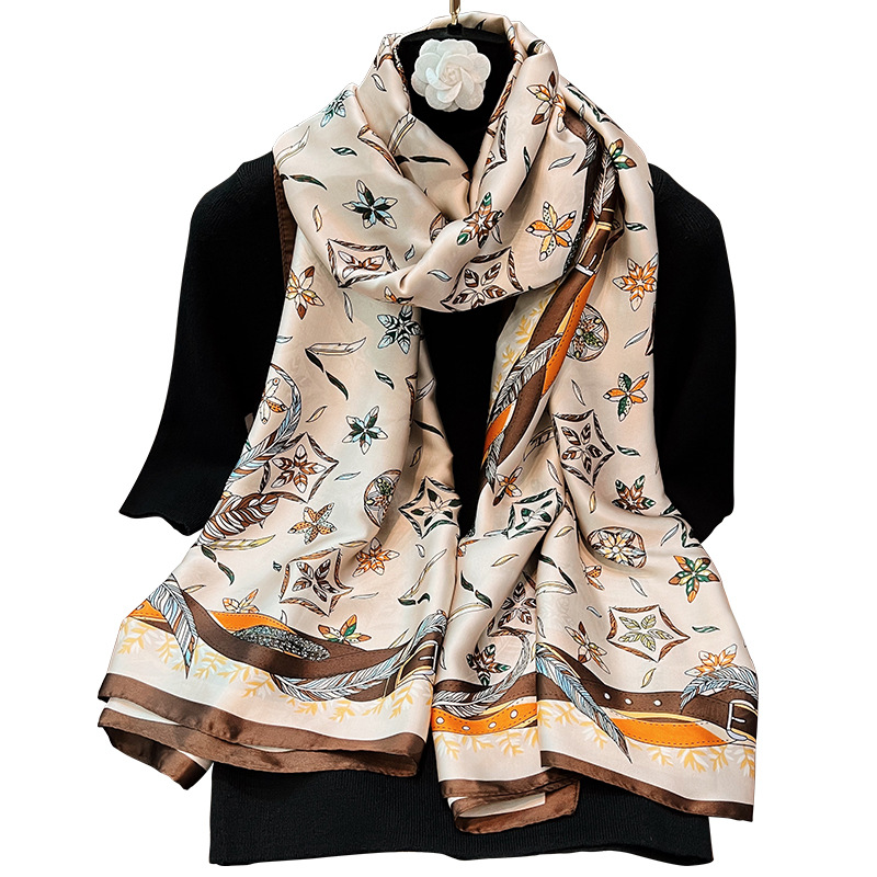 Silk Scarf Women's Spring and Autumn New Arrival Brocade Satin Large Long Scarf Korean Fashion Printed Scarf Air Conditioning Shawl Outer Beach Towel