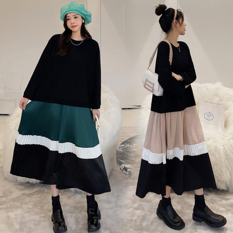 Spring and Autumn New Products  Real Shot Casual Long Large Size Spliced ​​Color Block Pleated Long Sleeve Women's Fat MM Round Neck Dress