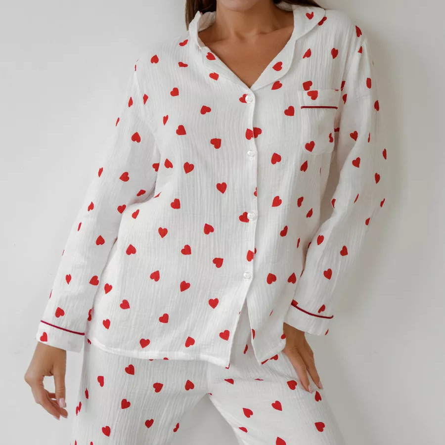 European and American Cross-border Printed Crepe Cotton Pajamas Loose Trousers Long-sleeved Skin-friendly Two-piece Home Clothes Women's 2025 Spring