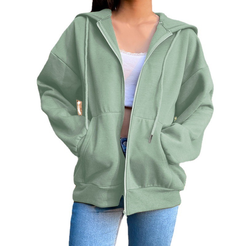 Foreign trade sweatshirt solid color hooded fleece sweatshirt long-sleeved hoodie jacket street loose zipper cardigan top