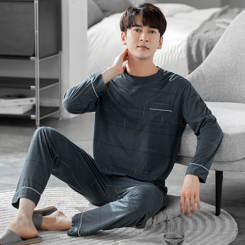 Pajamas Men's Spring and Autumn Long Sleeve Trousers Simple Home Wear Thin Cotton Men's Large Size Autumn and Winter Casual Suit