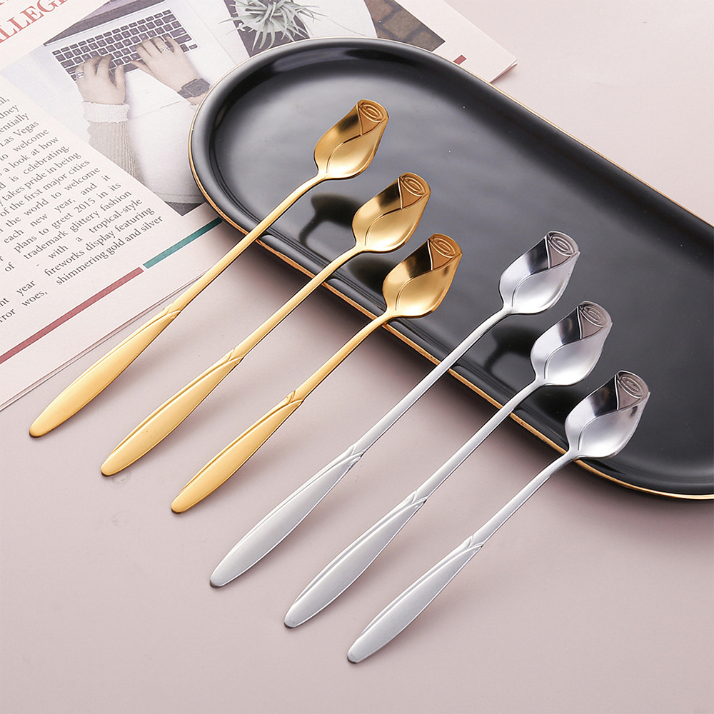 Q新款玫瑰花朵勺 创意不锈钢餐具金色搅拌冰勺甜品小勺子长柄勺