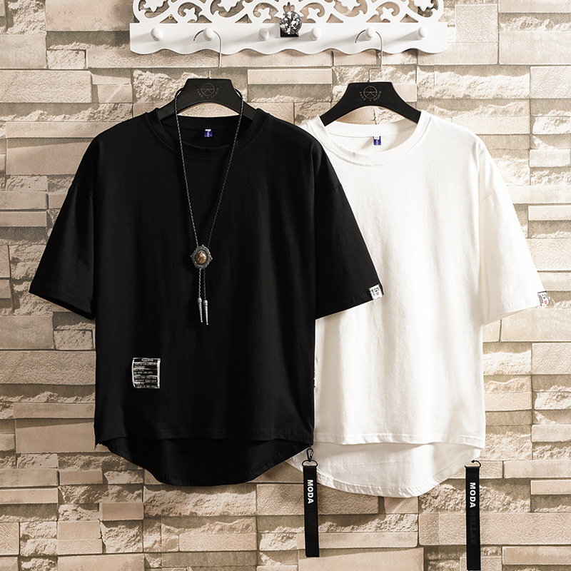 Cross-border a generation of summer solid color labeling short sleeve T-shirt men's plus fat increase loose round hem T-shirt pull
