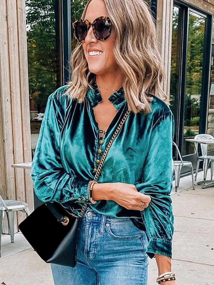 Fall 2024 new pure color velvet chiffon shirt for women European and American thin deep V-neck button long sleeve top for women