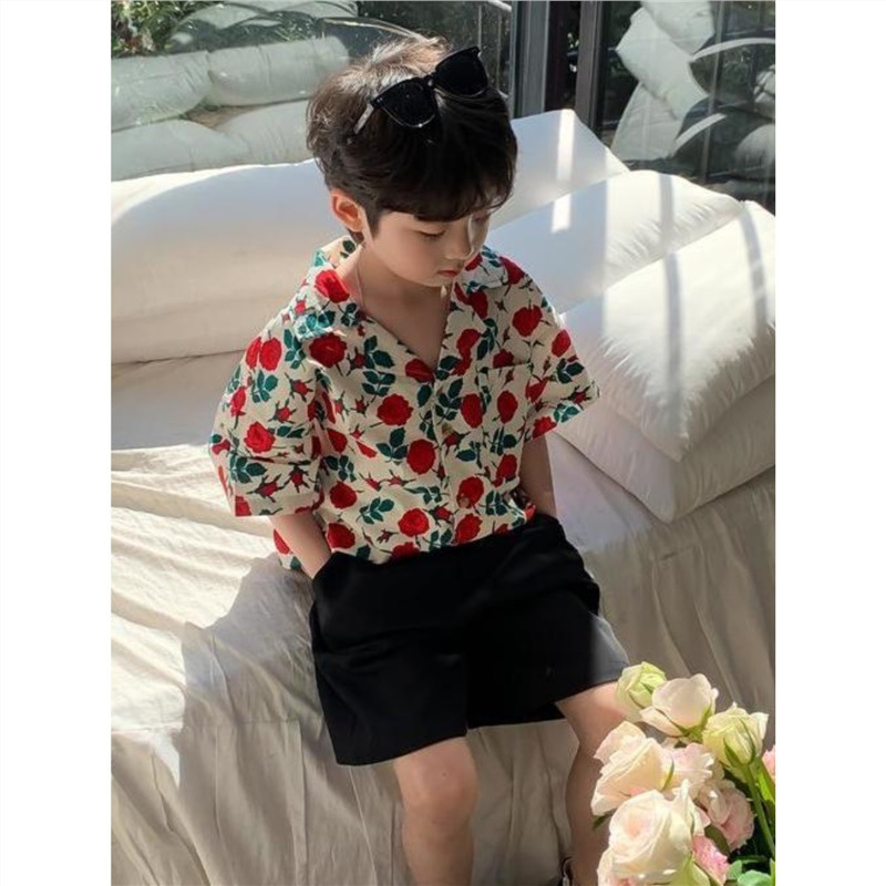 Boys' Hong Kong Style Flower Shirt Summer Children's Wear 2023 New Baby Top Fried Street Children's Short-sleeved Loose Shirt Trendy