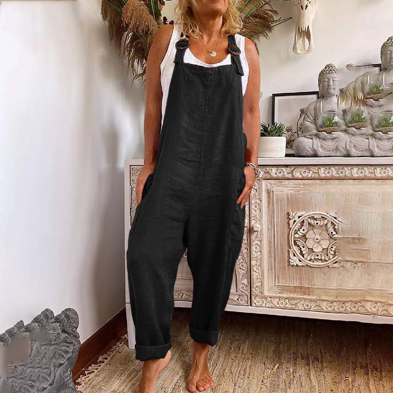 2023 New wish Amazon AliExpress Wide Leg Jumpsuit Women's Adjustable Button Cotton Linen Pocket Work Clothes