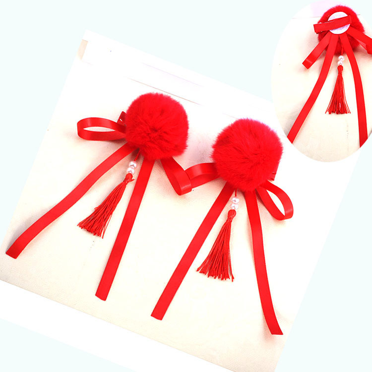 Chinese Style Stage Performance Jewelry Children's New Year Headwear Fur Ball Tassel Festive Hairpin Little Girl's New Year Greeting Hairpin