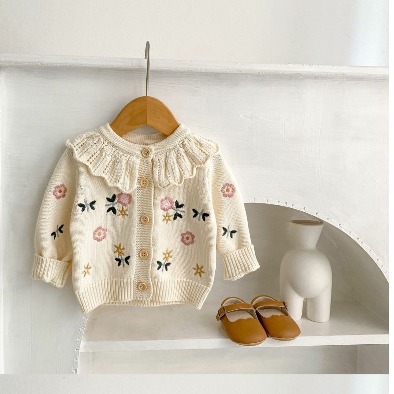 2023 spring all-match baby girls' flower embroidered lotus collar knitted long-sleeved cardigan coat children's clothing