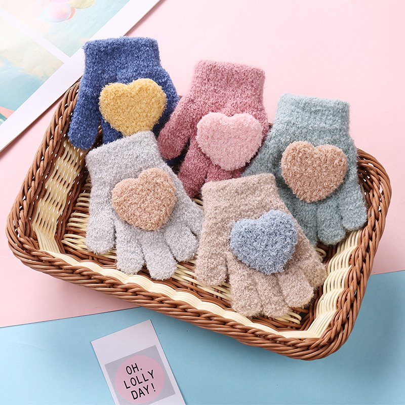 Children's gloves autumn and winter new love warm finger gloves little girl out windproof warm five finger gloves fleece-lined