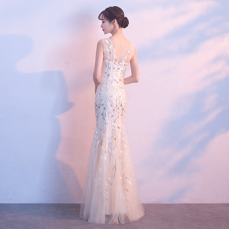 Evening Dress Women's 2024 New Style Champagne Color Banquet Noble Elegant Host Long Fishtail Party Long Dress Slim-fit