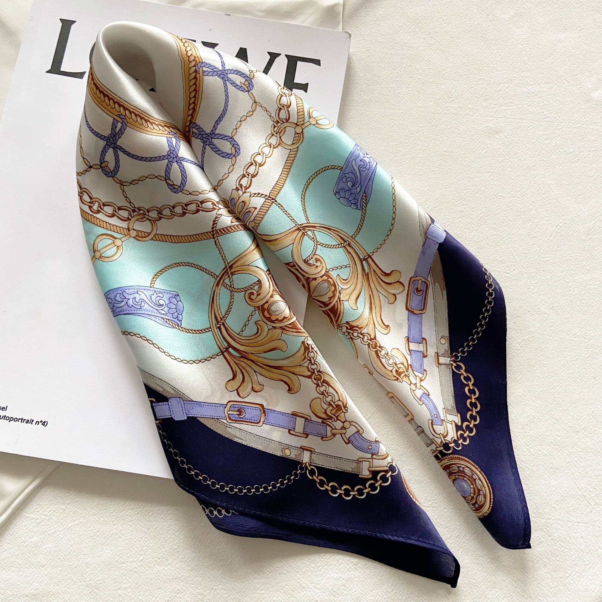 European and American Fashion Chain Decorative Mulberry Silk Small Square Scarf Temperament All-match Silk Neck Protection Scarf Scarf Women's Scarf
