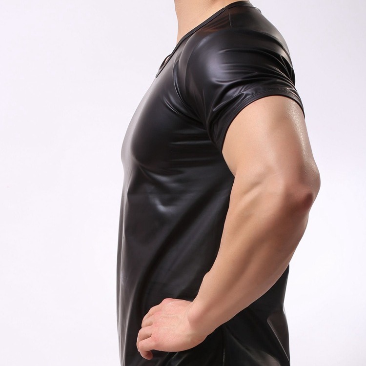 Men's sexy underwear patent leather vest tight patent leather bar stage performance short sleeve top clothing wholesale