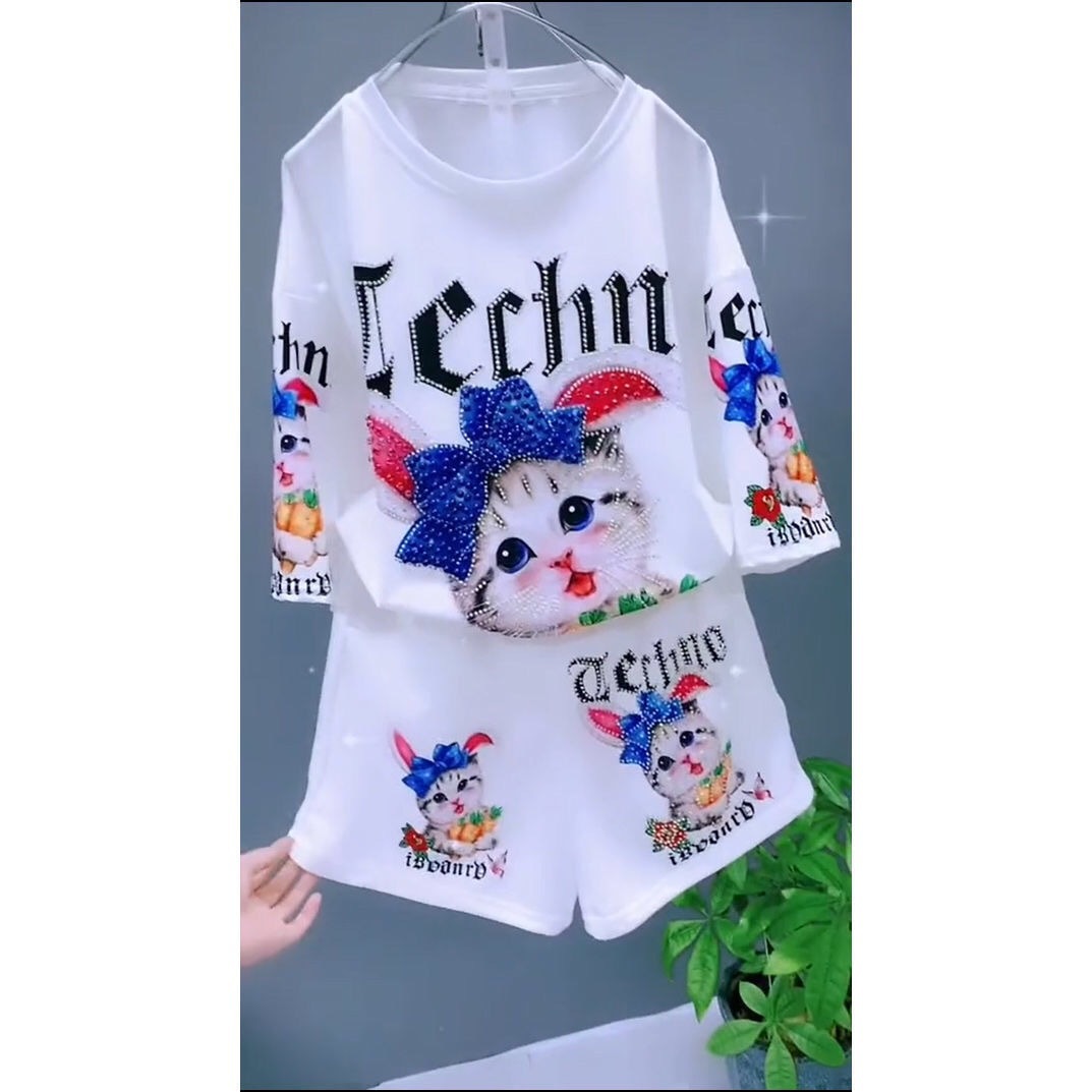 Internet Celebrity New Summer Fashion Heavy Industry Hot Drilling Kitten Pattern Short-sleeved T-shirt Set Women's Casual Shorts Two-piece Set