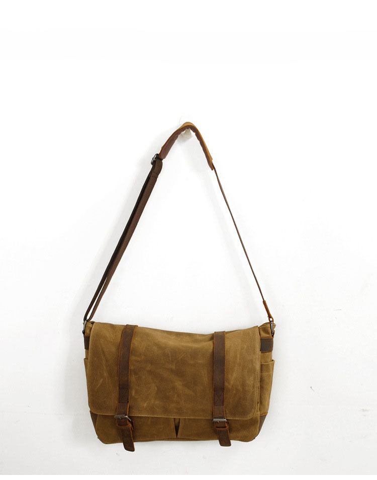 Vintage Canvas Shoulder Bag Casual Crossbody Men's Bag Wax Waterproof Canvas Computer Bag with Crazy Horse Leather Postman Bag_voghion.com