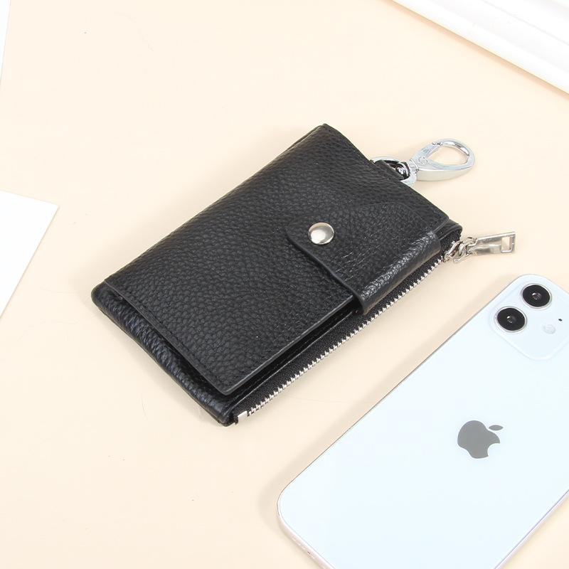 Top Layer Cowhide Key Bag Waist Hanging Hook Lock Key Bag Genuine Leather Zipper Hasp Ultra-Thin Multi-Card Coin Purse Trendy
