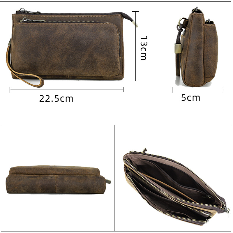 Black Angel Vintage Crazy Horse Cowhide Casual Men's Mobile Phone Headset Storage Bag Multi Zipper Bag Combeter Clutch Bag