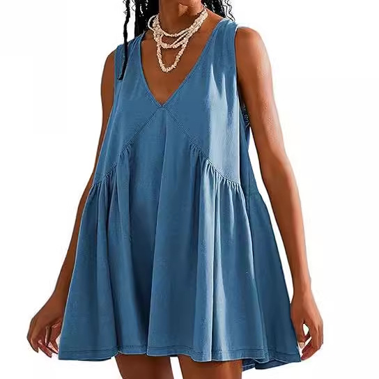 2024 European and American Foreign Trade Cross-border Women's Clothing Amazon shein V-neck Sleeveless Pleated Vest Pocket dress