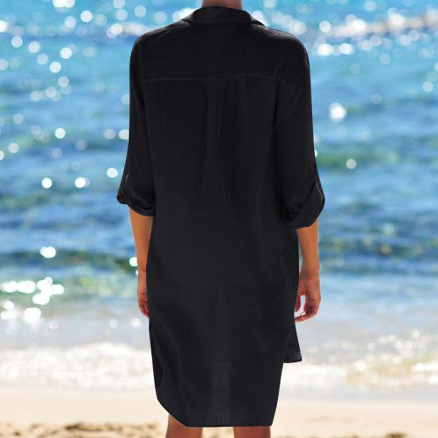 2021 summer eBay Amazon European and American new women's long-sleeved lapel pleated beach sunscreen shirt blouse