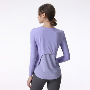 Spring and Autumn Yoga Clothing Top Loose Slim Breathable Round Neck Fitness Sports Blouse Women's Long-sleeved T-shirt Cross-Border