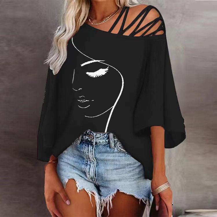 New Wholesale Amazon Independent Station Autumn European and American Fashion Stitching Loose Casual Top Women Printed T-Shirt